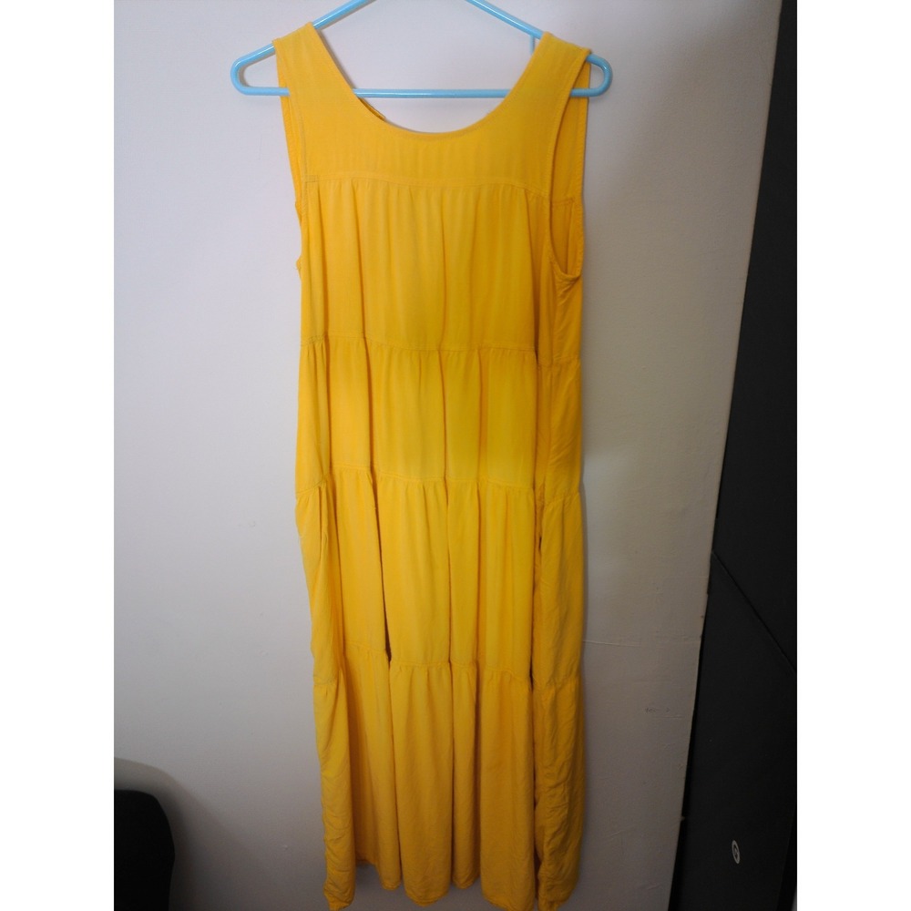 Max Studio Tiered Maxi Dress Women Medium Yellow Sleeveless V-Neck BoHo Pockets